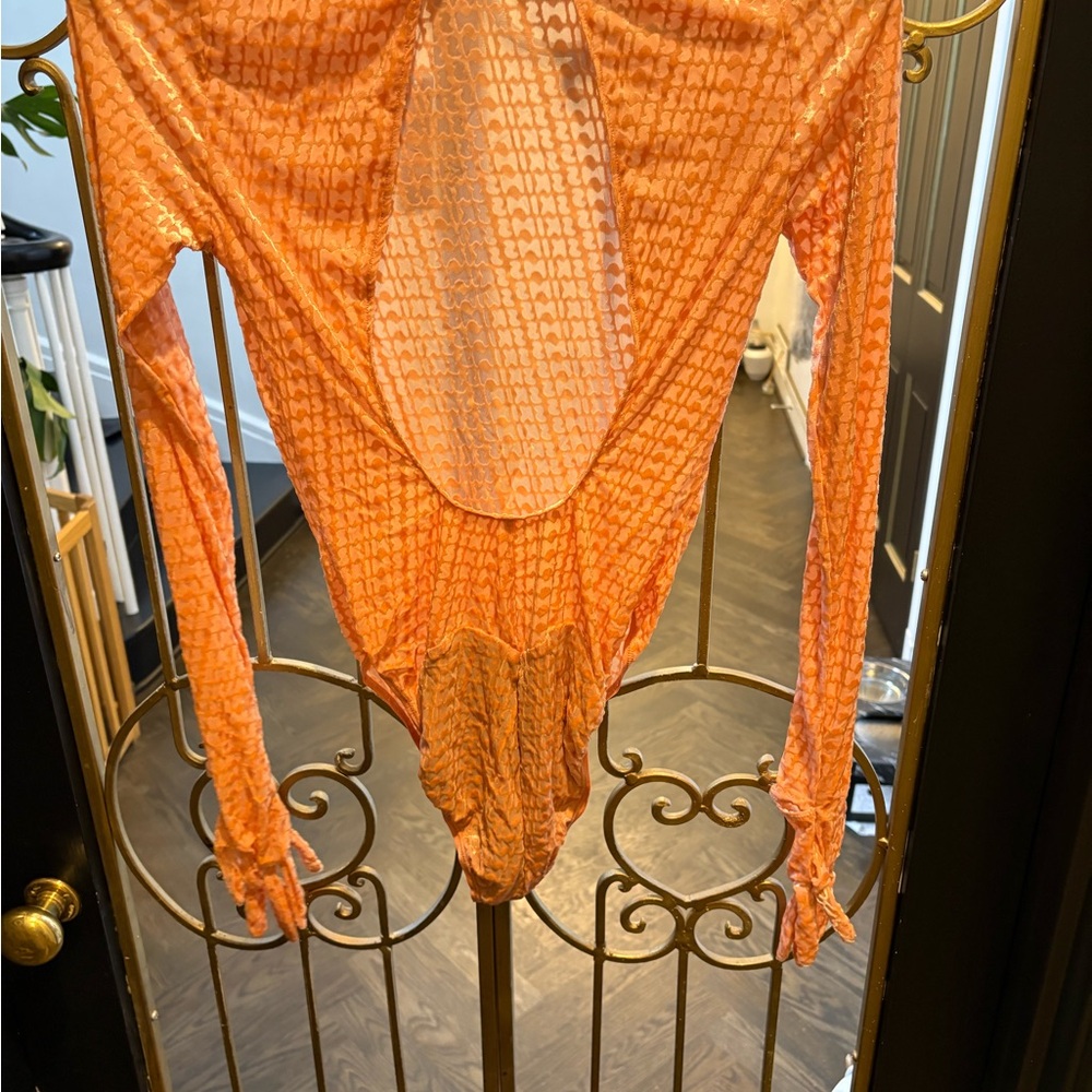 SKIMS logo flocked Velvet Mesh Bodysuit with gloves nwt mesh sheer Kim kardasian - Picture 7 of 8